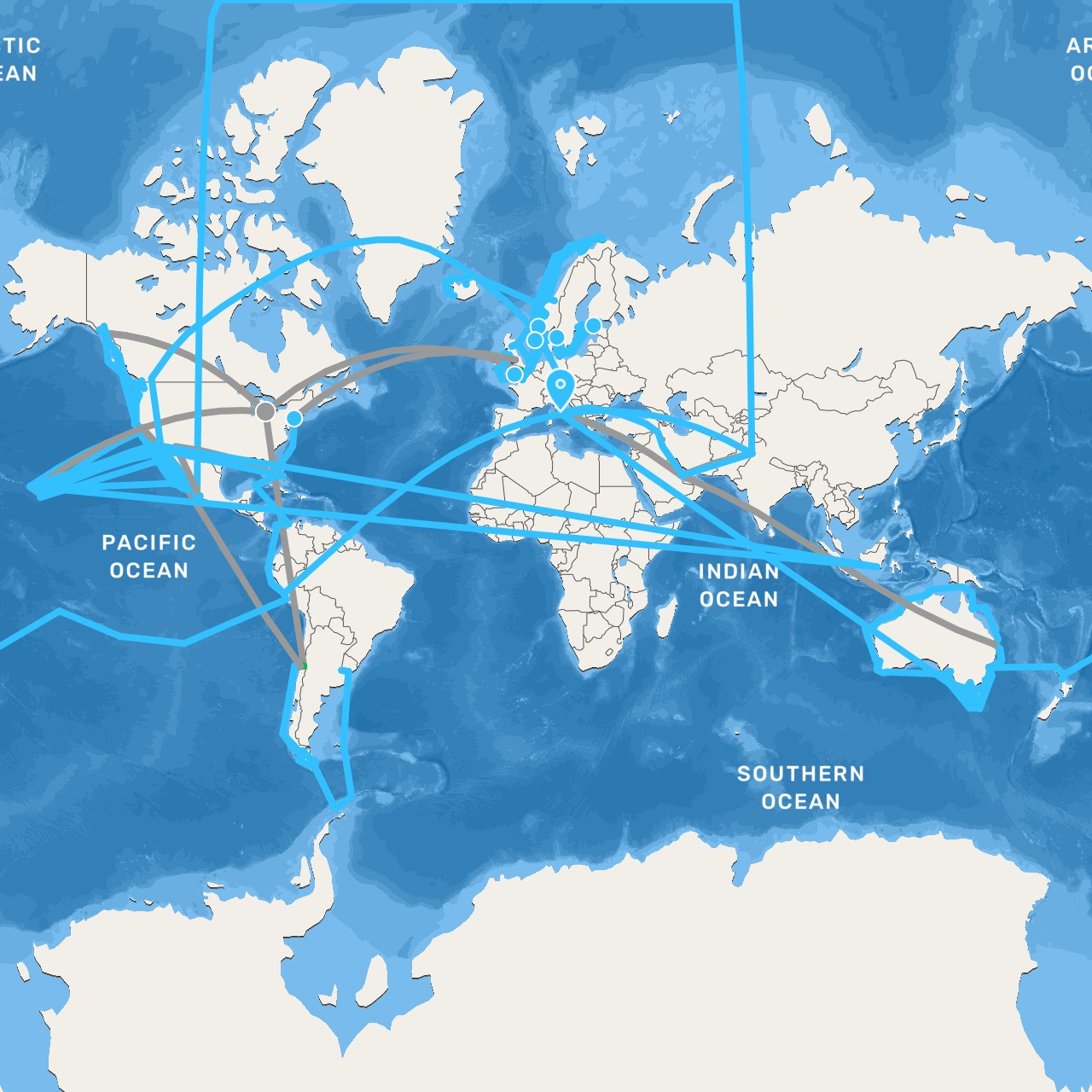 TravelMap itinerary: driving, bus, plane, boat in Argentina, Australia, Bahamas, Canada, Chile, Colombia, Germany, Denmark, Estonia, Finland, Falkland Islands, France, United Kingdom, Ireland, Iceland, Italy, Mexico, Norway, New Zealand, Panama, Peru, Pakistan, Pitcairn Islands, Qatar, Sweden, United States, Uruguay (Asia, Europe, North America, Oceania, South America)